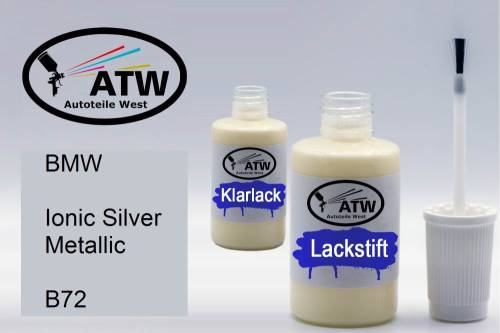 BMW, Ionic Silver Metallic, B72: 20ml Lackstift + 20ml Klarlack - Set, von ATW Autoteile West.